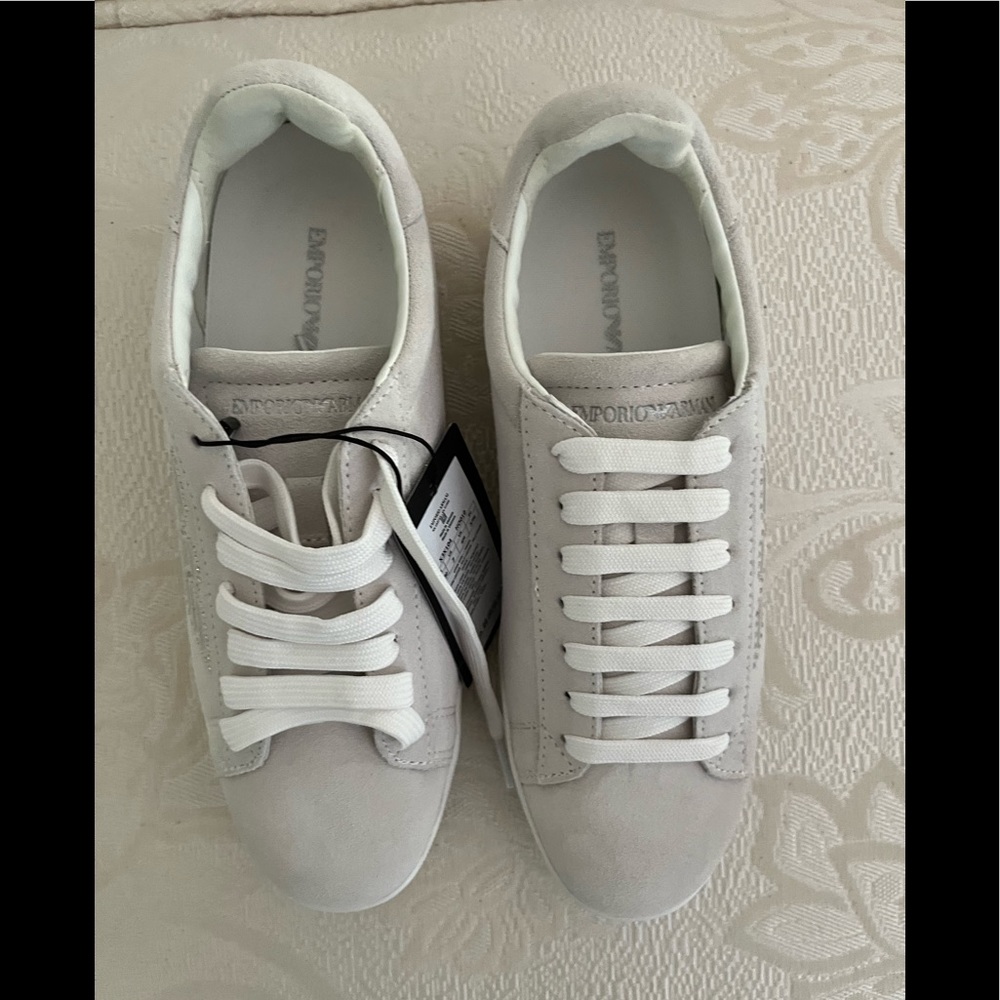 Emporio Armani White Suede Sneaker w/ rhinestone accents around the emblem-NWT!